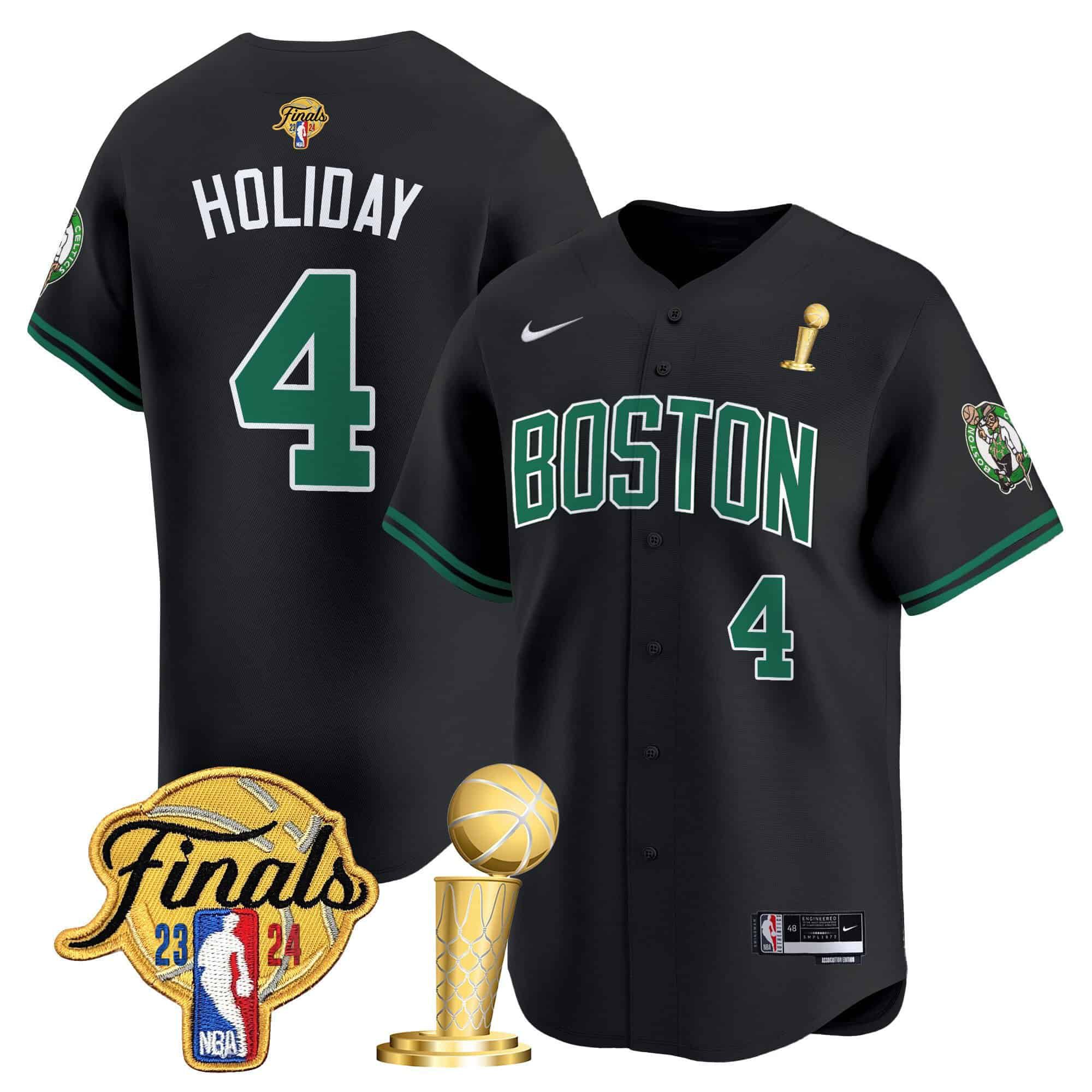 Men Boston Celtics 4 Holiday Black 2024 Nike Final & Champions Patch Baseball NBA Jersey
